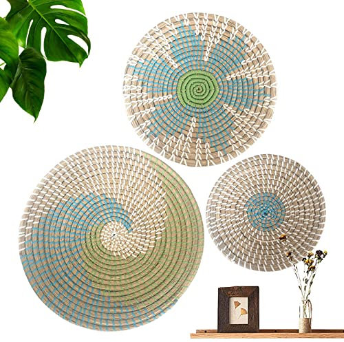 Juego de cestas de Pared Tejidas para Colgar, Juego de decoración de Pared de cestas de Hierba Marina, 3 cestas de Hierba Marina Redondas artísticas, Disco de diseño geométrico para Colgar en la