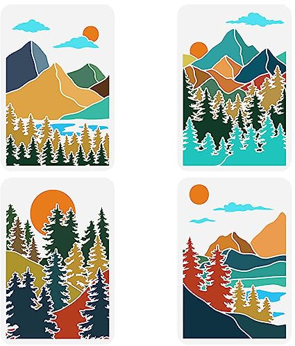 FINGERINSPIRE 4 Stück Boho Wald Berglandschaft Schablone 29.7x21 cm Naturlandschaft Schablone Sonne Wolken Berge Bäume See Vorlage Sonnenuntergang Sonnenaufgang Malschablone Für Bodendekoration