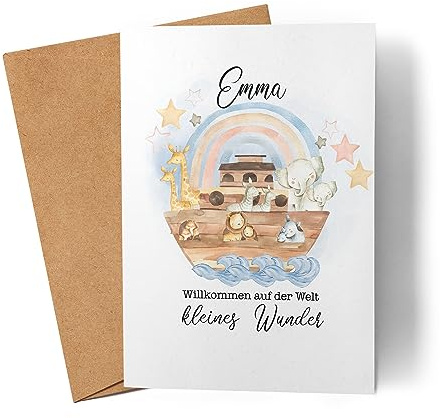 Kiddle-Design Glückwunschkarte Geburt Arche Noah Karte zur Geburt Junge Mädchen Babykarte Personalisiert mit Name Geburtskarte Baby Sprüche
