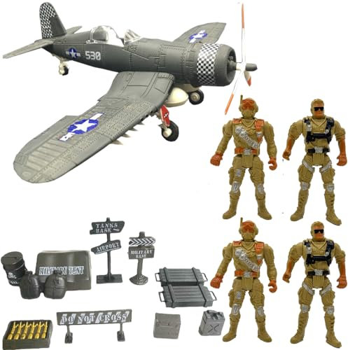 Fycooler Militär Soldaten Spielset Armymen Figuren mit 4 Army Ranger Actionfiguren und ww2 Kampfflugzeug Waffenzubehör Kampfspielzeug , Geschenke ab 6 Jahren Jungen or Erwachsene