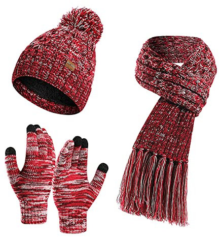 Mutze Schal Set Damen Rot, Strickmütze Wintermütze Schal Set Beanie Gestrickt Fleece Bommel Touchscreen Handschuhe Set Winterschal Kombi Set Loop Grobstrick Schal Damen Geschenk Winterzubehör
