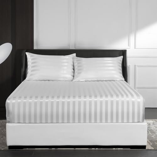 Spannbettlaken Satin 140x200 cm Glänzend Glanzsatin Kühlende Luxus Beige Weiß Muster Topper Bettlaken Boxspringbett Glatt Seide Spannbetttücher Leintuch 140 x 200 Hohe Matratze bis 25-30 cm