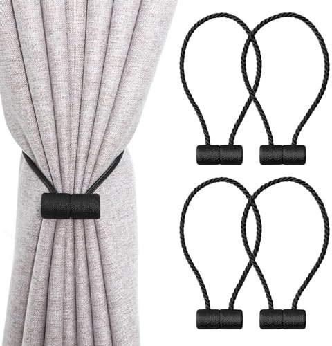 HIKPACKER 4 Stück Magnetische Vorhang Raffhalter für Gardinen, Gardinenhalter Raffhalter Vorhang Halter Raffhalter für Vorhänge mit Magnet Curtain Holder für Home Büro Gardinen Deko (Schwarz)