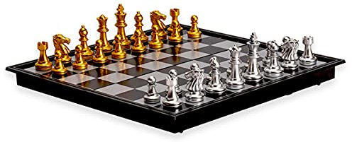 ROLTIN Tragbares Schach mit faltbarem Brett, Gold, Silber, magnetisches Schachspiel, mittelalterliches Schach, Strategie-Brettspiel für Erwachsene