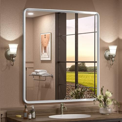 GOLOMO 32x36 Inch Silver Bathroom Mirror, Silverirsh Paint Metal Frame Silver Mirror, Rounded Rectangle Bathroom Vanity Mirror, Shatterproof, Anti-Rust (Horizontal/Vertical)