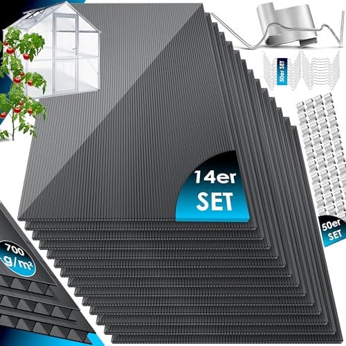 KESSER® 14x Placas de Policarbonato Alveolar de 4mm 10,25m² Placa de Doble Pared 121x60,5cm | 50x Abrazaderas + 50x Clips en Z-Placa de Policarbonato para Invernadero UV-Resistente - Antracita