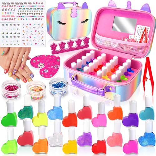 Lubibi 30 Pcs Unicorno Set di smalti per Unghie, valigia con 20 colori e accessori, Set trucco per ragazze, Set Smalti Peel-off con Lime Separatore Adesivi, Giocattolo per Regali Ragazze bambini