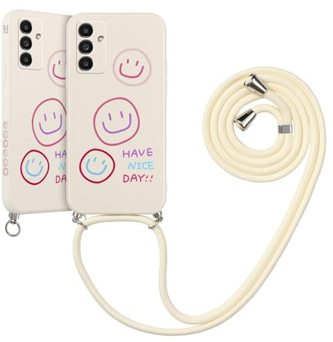 Pnakqil Coque pour Samsung Galaxy A13 4G 6.6 avec Cordon, Etui avec Smile Face Dessin Latéral Mignon Motif Joli et Esthétique Chain Case Souple Cordage Cover Cadeau TPU Housse Téléphone