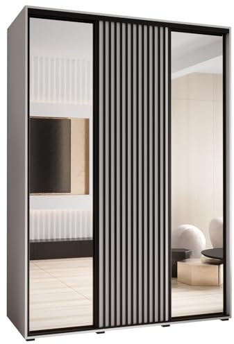 MEBLE KRYSPOL Lanko 2 Schrank mit DREI Schiebetüren mit Spiegel, Stange, Regalen - Moderner Aufbewahrungsschrank für Schlafzimmer, Wohnzimmer - 235,2x170x60 cm - Weiß Weiß Schwarz