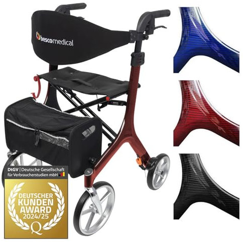 Besco Medical Carbon Rollator ultraleicht 5,8 kg - faltbar, höhenverstellbar, mit Sitz - Premium Gehhilfe mit Rückengurt, Netztasche, Stockhalter - Modell M Bordeauxrot