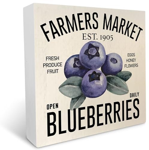 Blueberry Artwork Panneau de boîte en bois rustique style ferme d'été marché fermier myrtille Plaque en bois 18 x 17,8 cm Décoration pour la maison, la cuisine, le bureau