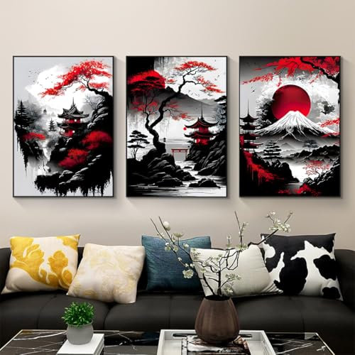 IUNTWEIE Japanische Landschaftsposter,Japanischer Tempel im Herbst Schwarz/Weiß Wandbild Kunstdruck Wanddeko Wand Wohnzimmer Wanddekoration,ohne Rahmen (A,60x90cm*3)