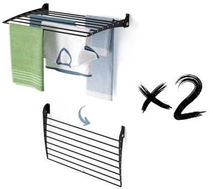 Foxydry Fold, wandwäscheständer, klappbar platzsparend, 82 cm X2 | aus aluminium und edelstahl, nach unten klappbar, rostfrei, für terrasse und balkon, trägt 10 kg, schwarz