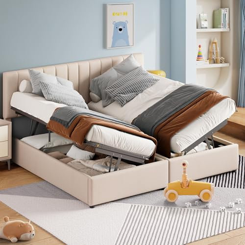 Wyibwy Letto imbottito 180x200 cm, Letto di stoccaggio idraulico,multifunzionale letto matrimoniale con tessuto di lino,con Testata regolabile,adatto per adulti e ragazzi,Beige