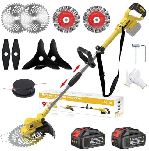 Rasentrimmer mit Akku und Unkrautbürste, Akku Rasentrimmer für Makita-Akkus mit 5 Klingentypen und 2 x 4.0Ah Bürstenlose Freischneider Akku für Garden Trimmen (Gelb)