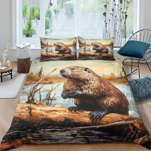 Animal Beaver Duvet Cover Set Single 90X190 Cm 3D Printed Bedding Quilt Cover Set 3 Pieces Soft Microfiber Comforter Cover With Zipper Closure And 2 Soft Pillow Cases For Boys And Girls -767H153E895