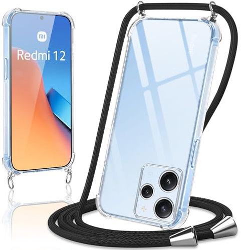 Coiwxmoi Funda con Cuerda para Xiaomi Redmi 12 6,79,Carcasa Transparente Suave Silicona TPU Case con Ajustable Colgante Collar Correa de Cuello Cadena Cordón Protección Cover para Redmi 12, Negro