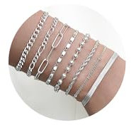 GUJOXILA 8pcs Silver Bracelets for Women Ladies Sterling Silver Bracelet Set Adjustable Stack Layered Dainty Link Chain Bracelets for Girls