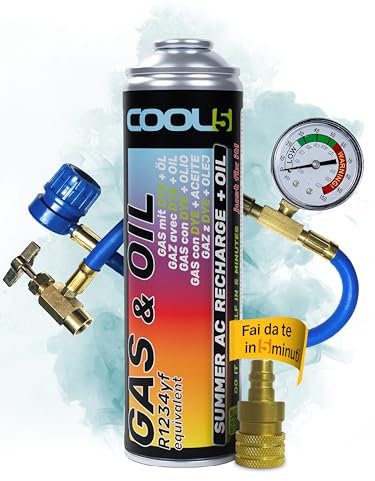 COOL5 2in1 - Sostituzione refrigerante R1234yf con olio, per la ricarica dell'aria condizionata per auto dopo il 2016 + linea di pressione con manometro + adattatore + APC 500ml