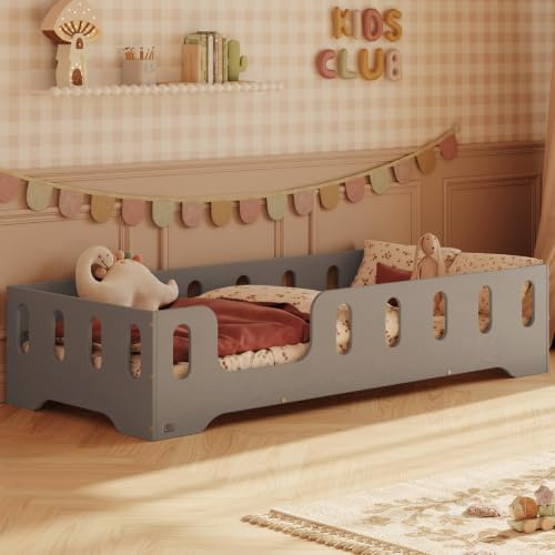 smartwood Bodenbett 90x200 cm mit Rausfallschutz, Holz, Grau, TILA 2L | Montessori Kinderbett, Lattenrost belastbar bis 230 kg, FSC-Zertifikat, abgerundete Kanten, Einfache Montage, ab 3 Jahren