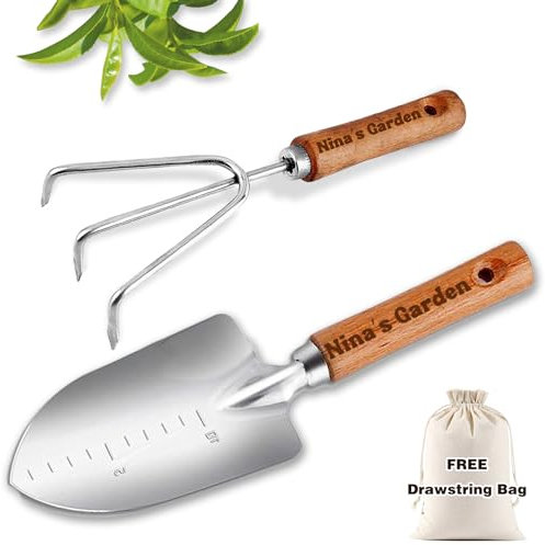 Personalisiertes 2-in-1-Gartenwerkzeugset, 2-teiliges schweres Gartenwerkzeugset – Gartenkelle, Handharke, ergonomischer Holzgriff mit eingraviertem benutzerdefiniertem Text, Geschenke für Gärtner