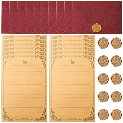Zasiene Vintage Briefpapier Mit Umschlag Set, 30 Stück Briefpapier Vintage Set, 10 A5 Papier, 10 Vintage-Papier Umschläge,10 Wachssiegel-Aufkleber, Für Die Hochzeit Valentinstagseinladung(Rot)