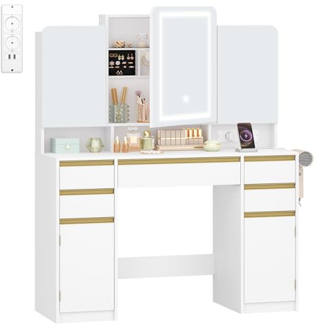 HEXCELEN 108cm Schminktisch mit Dreifachem Spiegel, Weiß | Schminktisch mit Haartrocknerhalter, Stauraum Hinter Dem Spiegel, Schubladen, Ablageschrank, Offenen Fächern