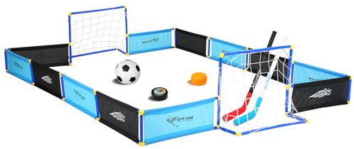 Silipull 2-in-1-Knie-Eishockey-Set für den Innenbereich, Mini-Tor-Set beinhaltet 2 Kniehockeyschläger, 2 Tore, 12 Seitenteile und einen aufblasbaren Fußballball