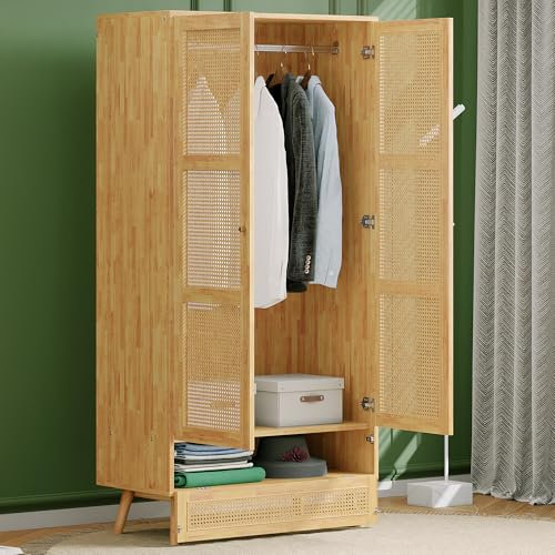 NNJN Kleiderschrank mit Stange, 2-türiger Kleiderschrank, Schlafzimmer, Rattannetz, Wohnzimmer, mit unterem Flip-Top-Deckel, Spanplatten+PE-Rattan, Natur