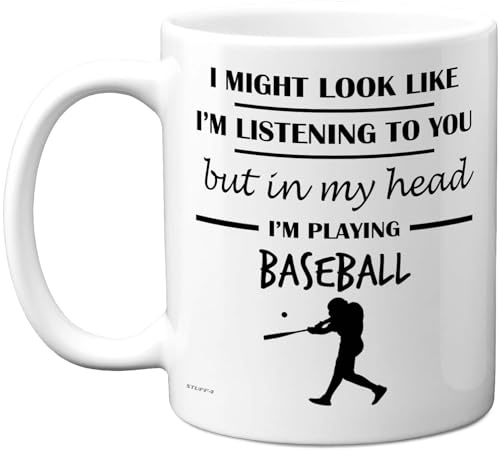Stuff4 Baseball, in My Head Mug | Funny Gift for Baseball Lover Women and Men, 11oz Premium Ceramic Dishwasher Safe White Handle Mugs Novelty Cup