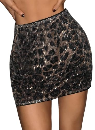 GORGLITTER Pailletten Rock Damen Sexy Leo Minirock Festival Rock Rave Outfit Glitzerrock Leopardenmuster Party Röcke Techno Outfit