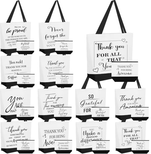 24er Set Dankeschön Geschenke - 12 Canvas Tragetaschen & 12 Kosmetiktaschen mit englischen Sprüchen - Mitarbeitergeschenke, Abschiedsgeschenk Kollegen, Lehrer & Team - Wiederverwendbare Stoffbeutel