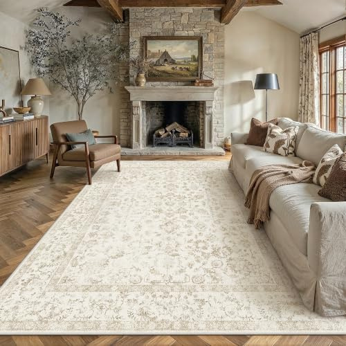 PureCozy Teppich Wohnzimmer Beige 240x300cm Waschbarer rutschfest Teppiche | Weicher Kurzflor, Pflegeleicht, Vintage Carpet, Schlafzimmer, Esszimmer, Büro ,Kinderzimmer