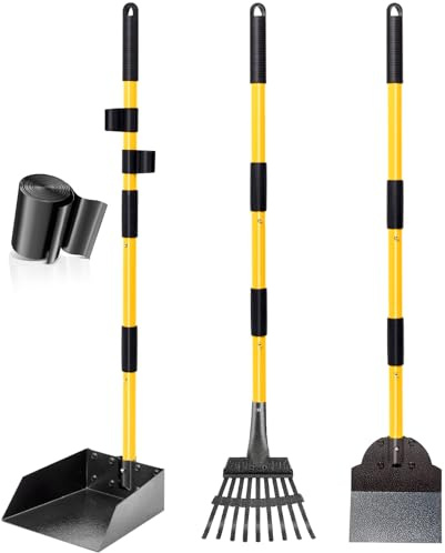 CJYMMFAN - Set per la raccolta degli escrementi, vassoio, rastrello e pala per cani con manico lungo in metallo regolabile, robusta pala per escrementi con sacchetti per rifiuti per il cortile, le