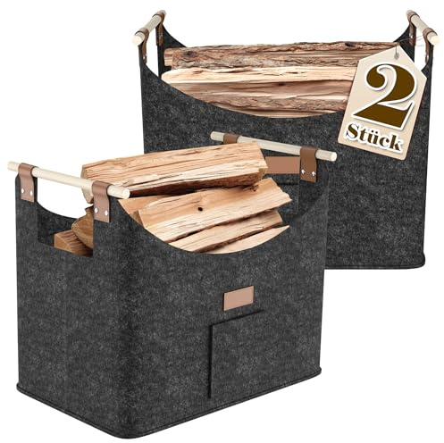 Suusolny Lot de 2 paniers à bois de chauffage avec poignée en bois - Pliable - Avec poches latérales - Sac en feutre pour le transport comme panier à provisions - Panier de rangement en feutre - Pour