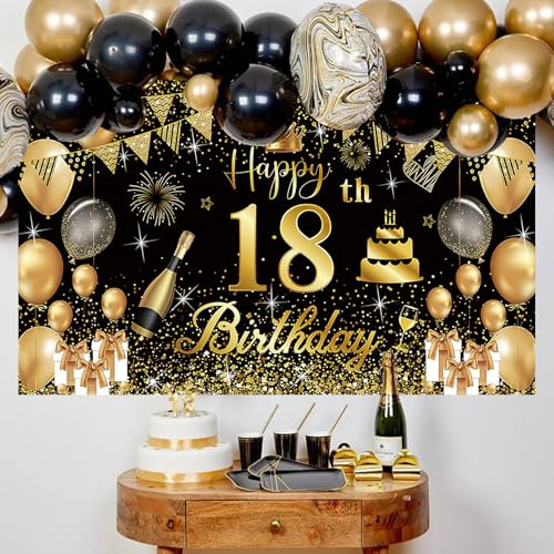 Pancarta para 18º Cumpleaños Negro y Oro 180x110 cm – Decoración de Fiesta Premium con Fondo Fotográfico para Habitación Juvenil, Fiestas en Jardín y Fotos Recuerdo (Poliéster, Reutilizable)