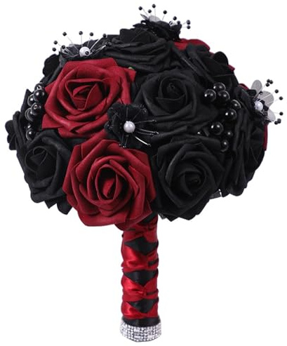 Licsaliwe Bouquet da sposa da sposa gotica, bouquet di fiori di rosa nera, artificiali, rosso e nero per il fidanzamento del matrimonio da da