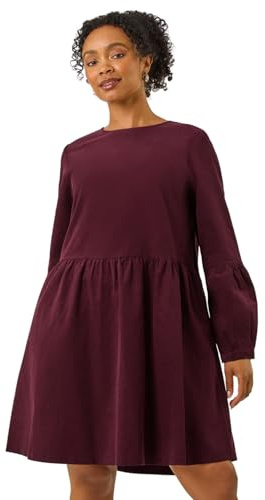 Roman Petite Cord Cotton Mini Dress for Women UK - Ladies Everyday Autumn Winter Round Neckline Comfy Soft Evening Vacation Work Party Night Out - Petite Wine - Size 18