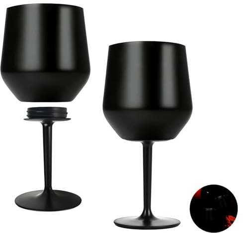 Weinkelch mit Abnehmbarem Stiel und Ohne Stiel, 14oz/420 ml Weinglas aus Edelstahl, Tragbarer Lsolierbecher, Unzerbrechliche, Bruchsichere Rotweingläser für Outdoor, Reisen, Pool, Schwarz, 2 Stück