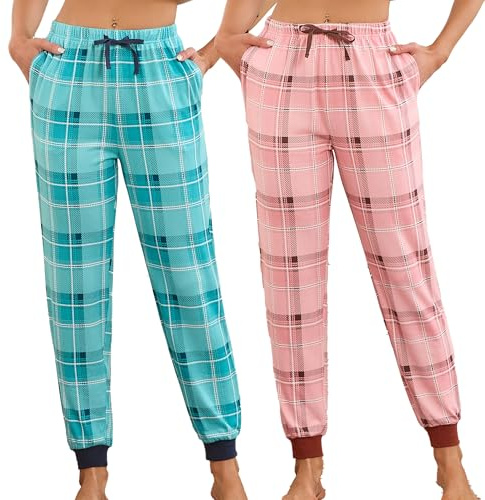 U2SKIIN Damen 2er-Pack Schlafhose lang Schlafanzughose leichte Pyjamahose karierte Freizeithose (Seeblau kariert + Rosa kariert,S)