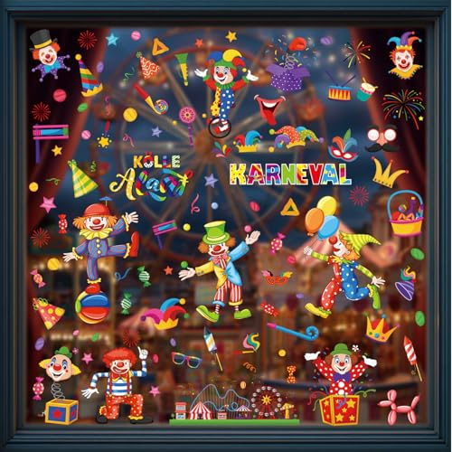Dermalyx 9 Stück Karneval Fensterbilder Set, Selbstklebend Clown Aufkleber, Fasching Deko Für Kinderzimmer, Karnevalsaufkleber Wanddeko, Fenster Abziehbilder