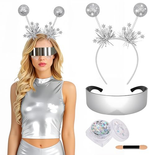 HGRGHH Glitzer Alien Haarreif, 3er Set Futuristischer Space Kopfschmuck mit Schwingenden Kugeln, Weltall Haaraccessoires für Karneval, Festival & Mottoparty, Unisex für Kinder und Erwachsene