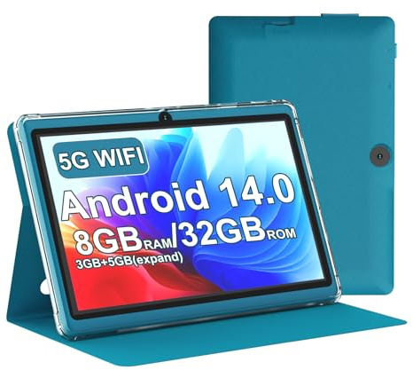 Nyxolaria Tablet 17,8 cm (7 Zoll) Android 14.0 mit Schutzhülle, 8 GB RAM (3 GB + 5 GB Ausgabe) + 32 GB ROM, IPS-Bildschirm, Dual-Kamera, Bluetooth 5.0 2,4 G + 5 G WLAN, 3000 mAh Akku-Tab (dunkelblau)
