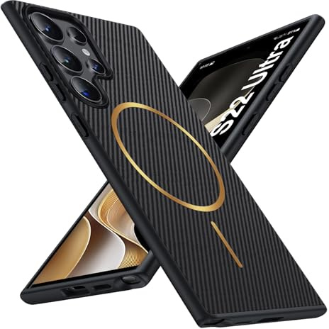 Migexxkj Kohlefaser für Samsung Galaxy S22 Ultra Hülle mit Mag-Safe, Magnetisch Premium Militärschutz & Stilvoll Handyhülle für Samsung S22 Ultra 5G Dünn aus Aramidfaser/TPU Schutzhülle Case (Schwarz)