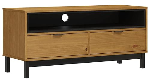Yisssmeng FLAM TV-Lowboard, massiv Kiefer 110x40x50 cm, Eiche-Dekor, 2 Schubladen, offenes Fach, Kabelloch, Wandbefestigung