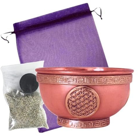 Naturheilmittel Heilsteine Methusalem GmbH Neu-Ulm Räucher-Set Kupfer/Messing Räucherschale [Blume des Lebens] 5-TLG Räucherwerk & Räucherstäbchen mit Räucherzubehör & Stofftäschchen. 3711