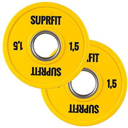 Suprfit Mini PU Bumper Plates - gummiertes Hantelscheiben Paar für Techniktraining mit der Hantelstange, Gewicht: 2 x 1,5 kg, Stahlring mit 50 mm Durchmesser, Farbe: Gelb