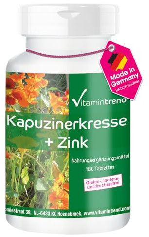 Extrait de Capucine 500mg avec Zinc - 180 comprimés - vegan - haute dose - complément alimentaire | Vitamintrend®