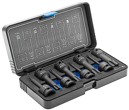 Högert Technik - Druckluft-Schlagschrauber-Nuss Torx, 8 Stkc. 1/2, CrMo - TORX-Schlagschraubersatz für den Kfz- und Mechanikerservice.