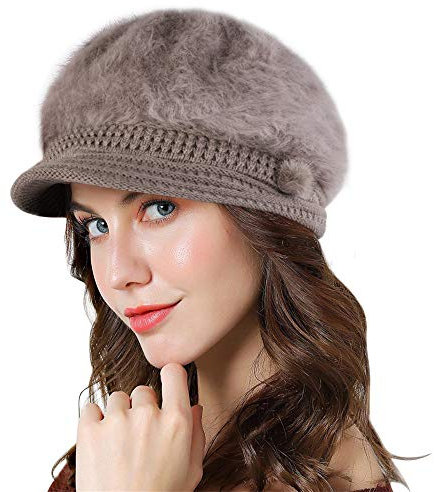 Genfien Schirmmütze für Damen, dick, mit Fleece gefüttert, Wintermütze, Strickmütze, Vintage-Stil, gehäkelt, Schirm, schick, leicht, Winter, khaki, Einheitsgröße